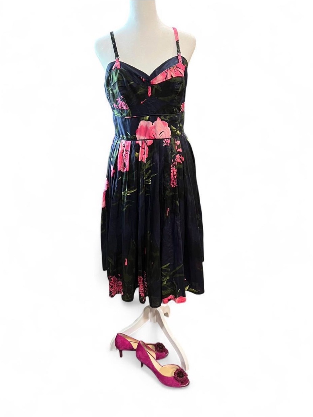 Floral A-Line Spaghetti Strap Dress - Navy with Pink Bloom